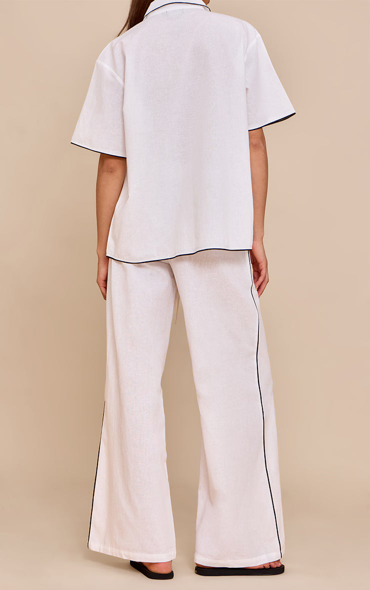 Cream Linen Look Contrast Wide Leg Pants