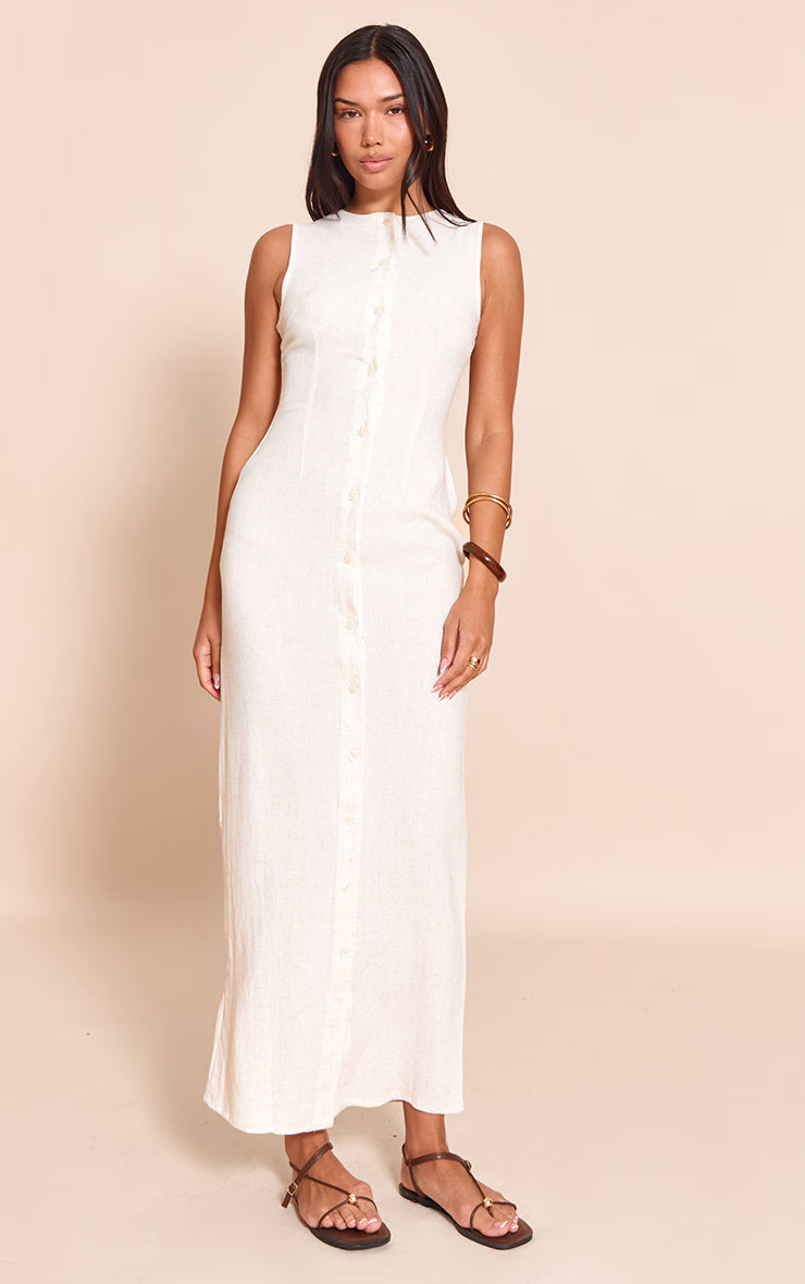 Natural Textured Button Down Sleeveless Maxi Dress