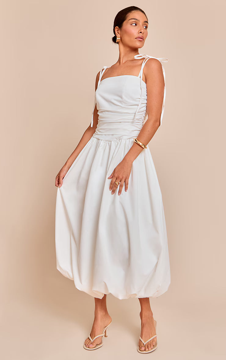 Petite White Spaghetti Strap Puff Midi Dress