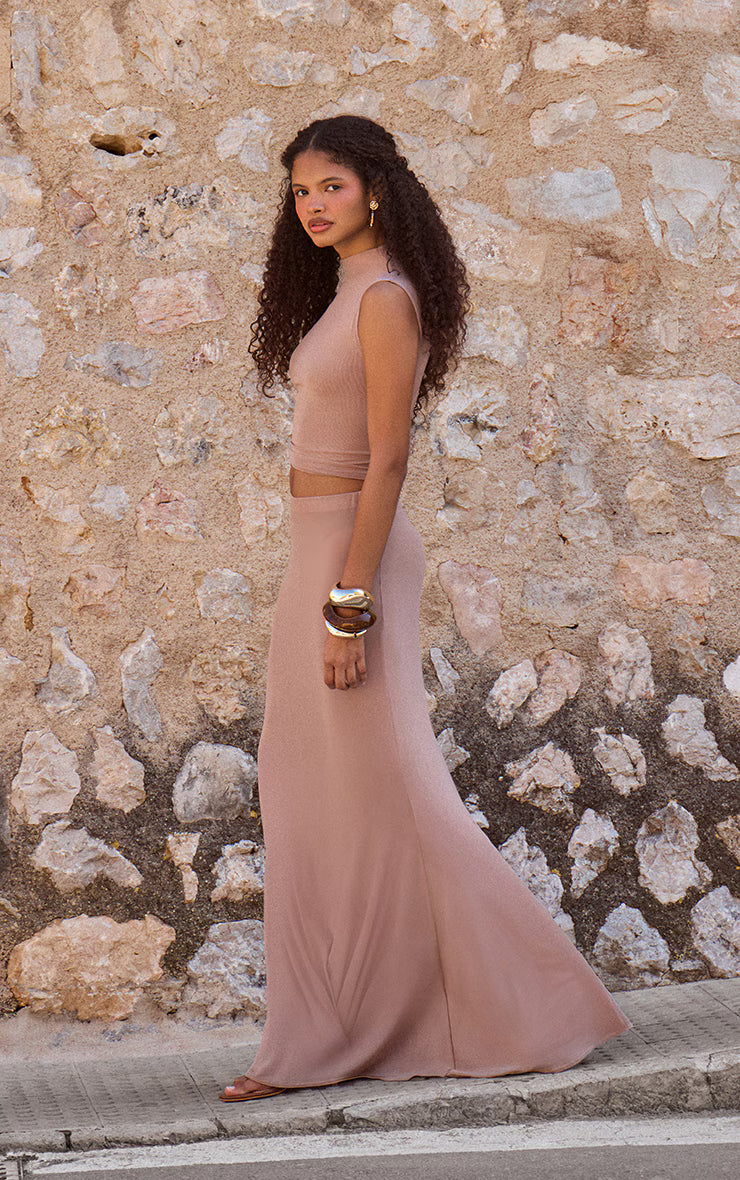 Taupe Mesh High Neck Sleeveless Top