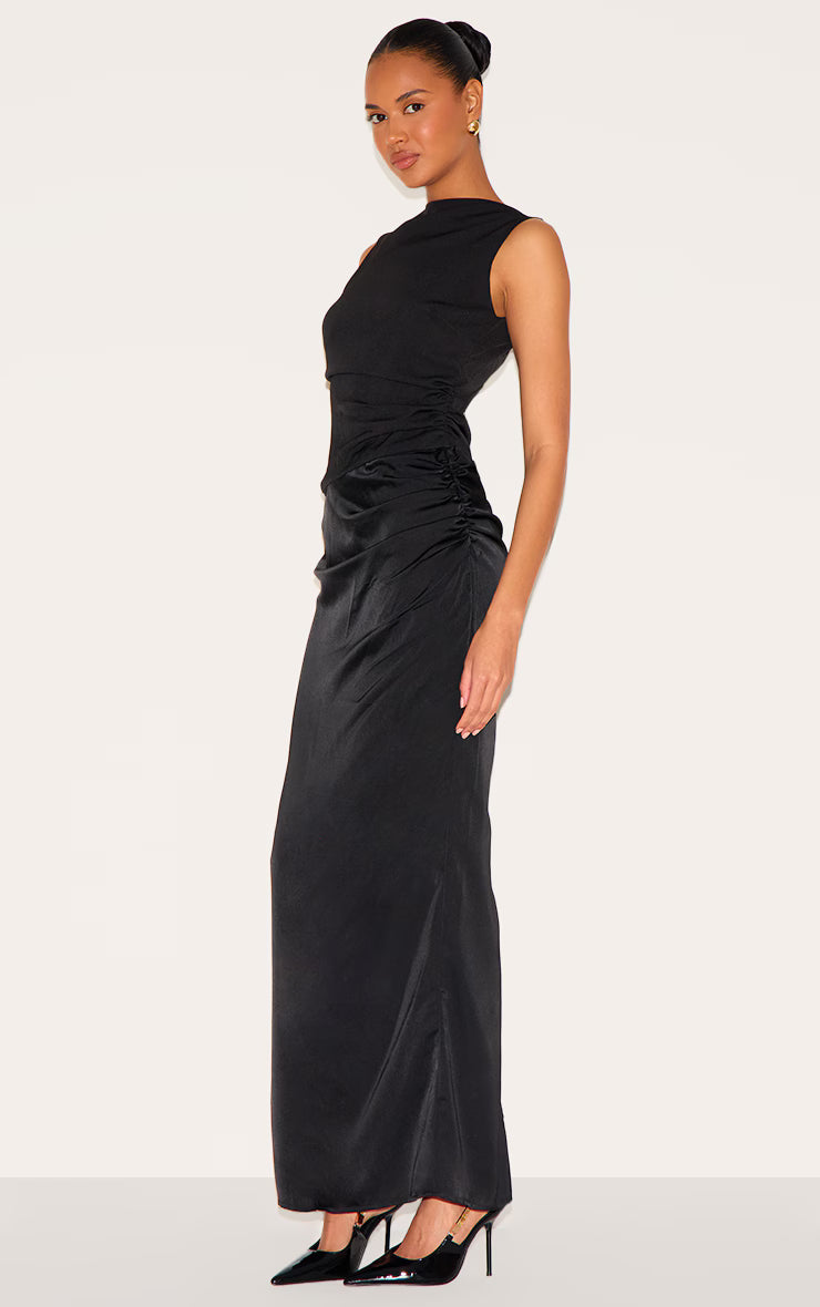 Black Woven High Neck Ruched Drape Midaxi Dress