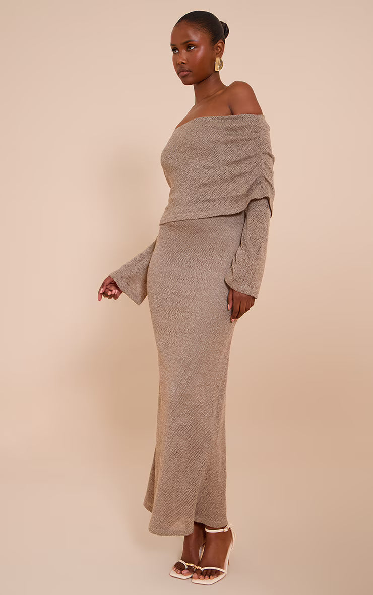 Mocha Textured Bardot Foldover Maxi Dress