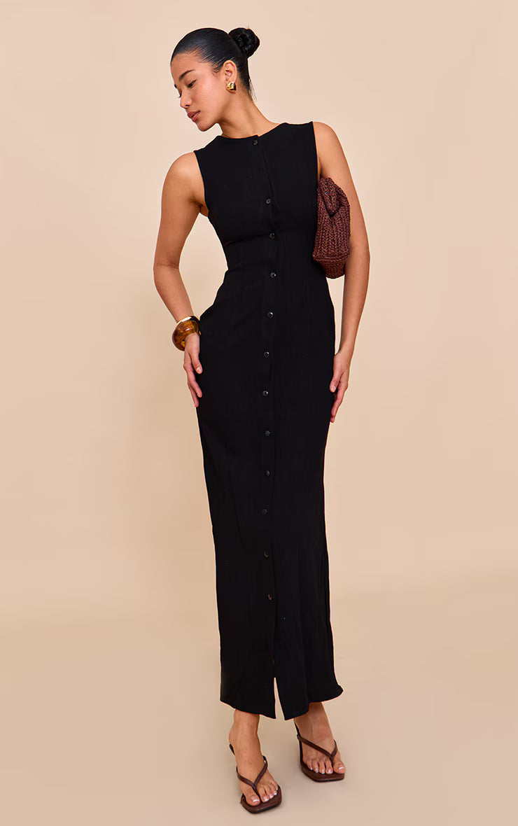 Black Textured Button Down Sleeveless Maxi Dress