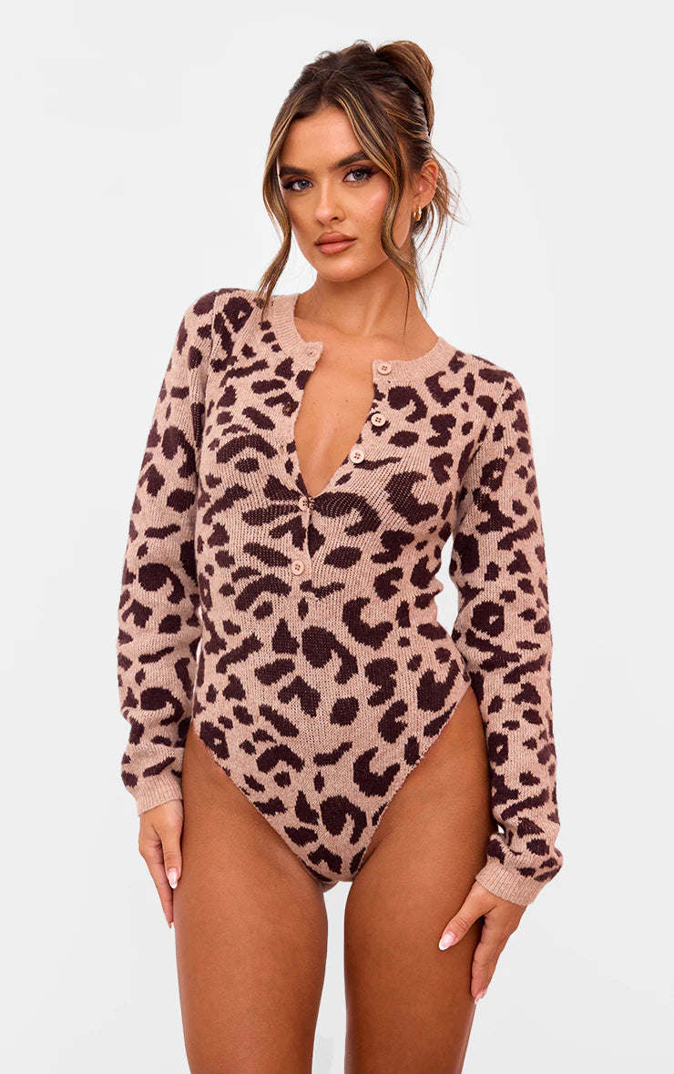 Leopard Soft Knit Button Up Bodysuit