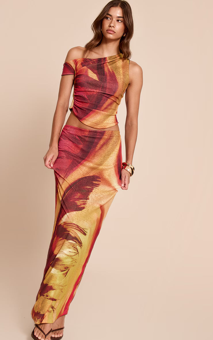 Multi Feather Print Onion Skin Asymmetric Hem Top