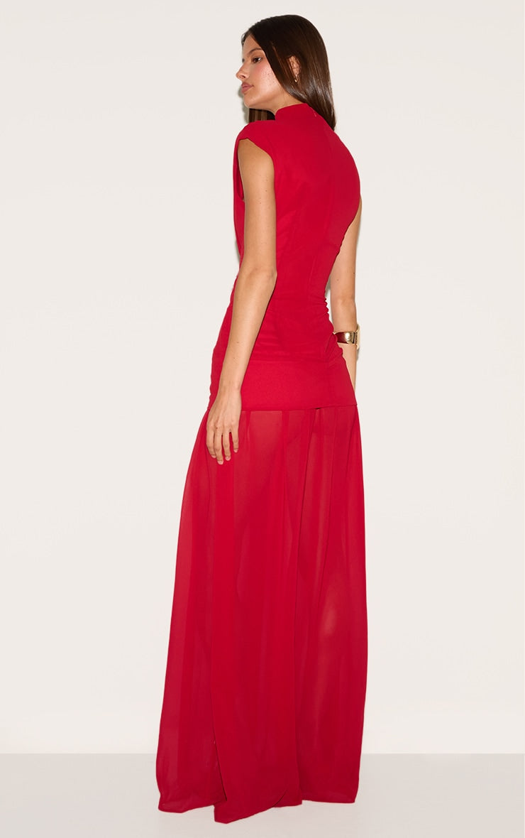 Red Chiffon Ruched Dropped Waist Sleeveless Maxi Dress