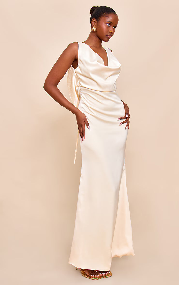 Lemon Bridesmaid Satin Cowl Neck Maxi Dress