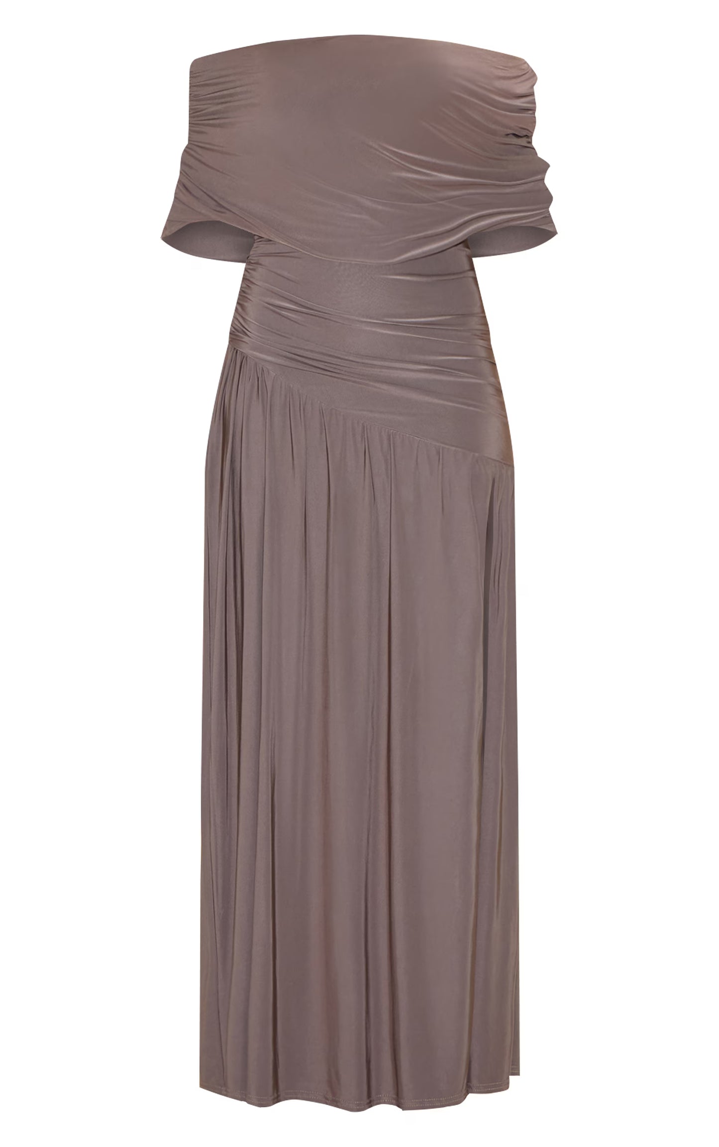 Petite Taupe Double Layer Slinky Bardot One Shoulder Ruched Maxi Dress