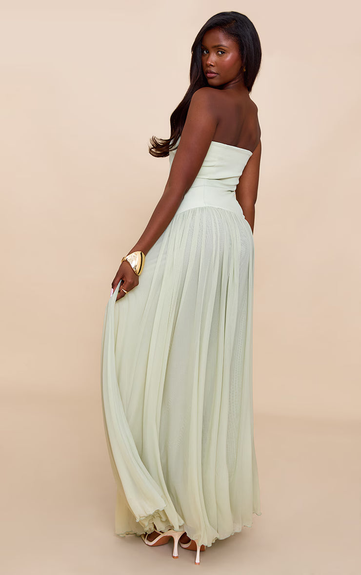 Sage Bandeau Chiffon Pleated Maxi Dress