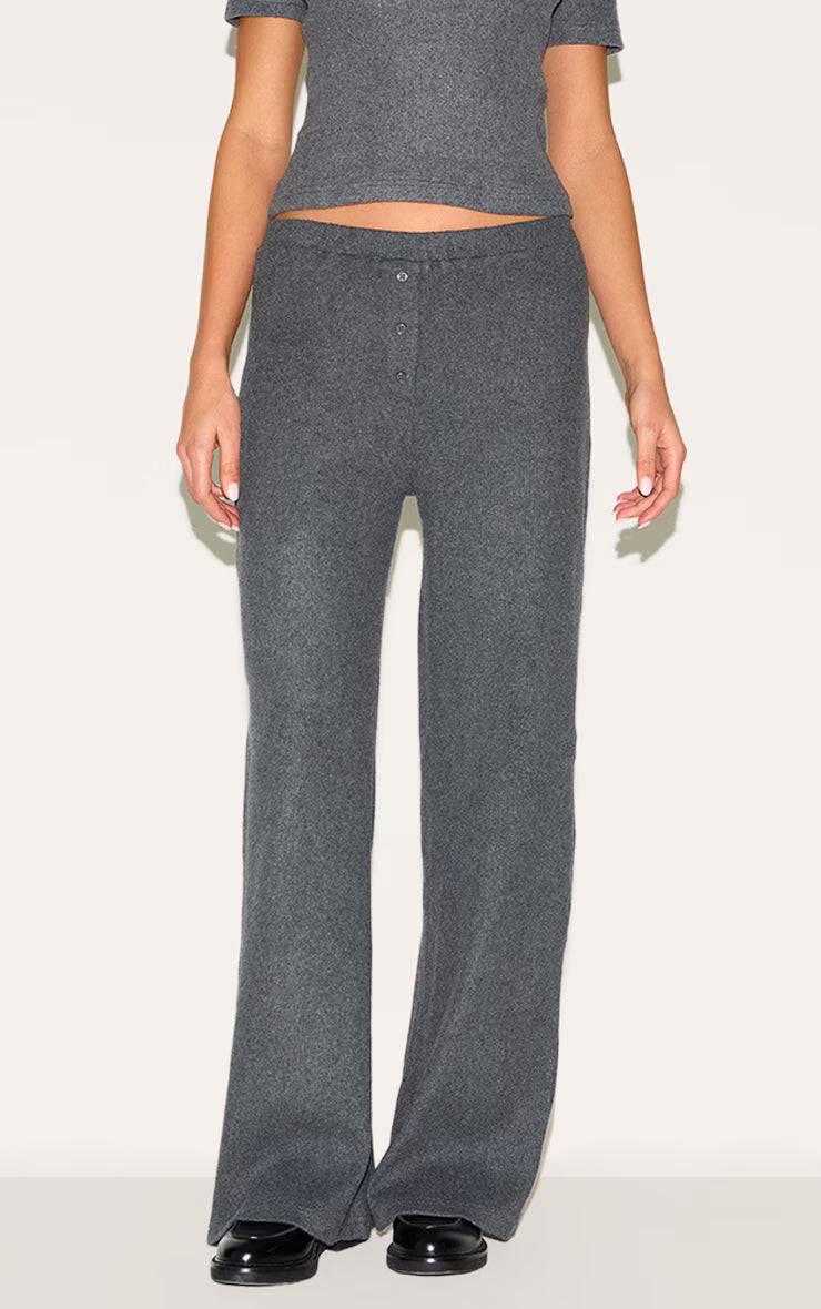 Charcoal Brushed Rib Button Up Detail Straight Leg Pants