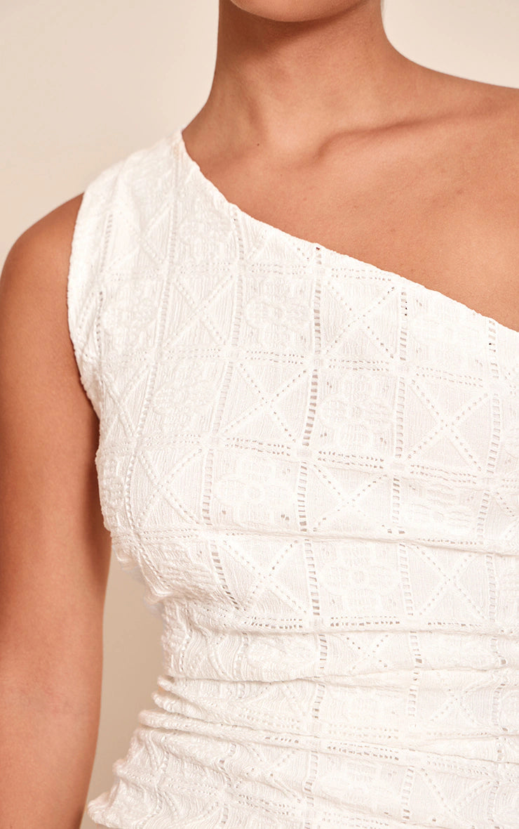 White Crochet Textured One Shoulder Ruched Top