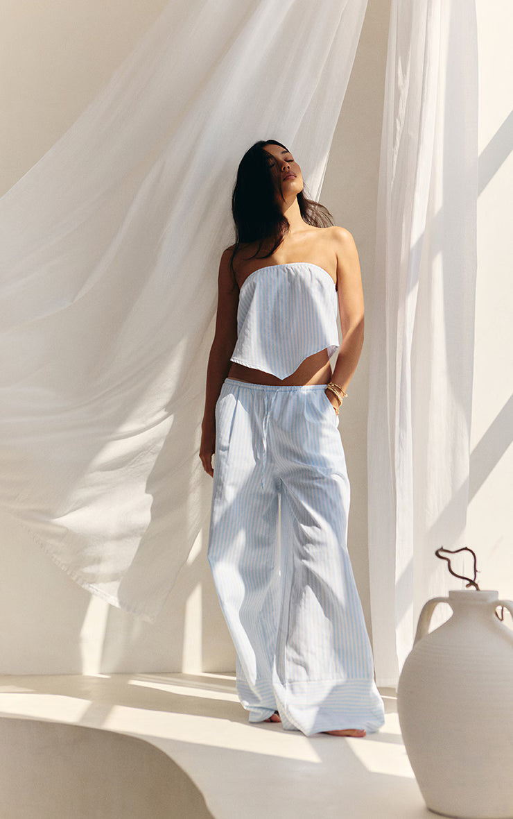Blue Pinstriped Bandeau Dipped Hem Top