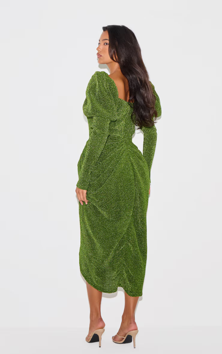 Green Glitter Plisse Puff Sleeve V Bar Draped Midi Dress