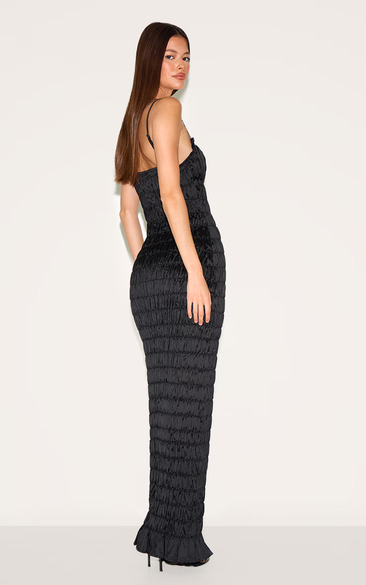 Black Satin Ruched Underwired Maxi Dress