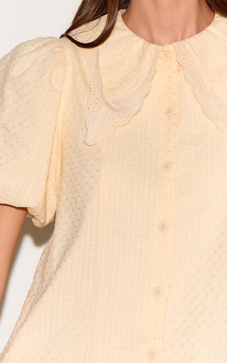 Almond Embroidered Cotton Lace Trim Puff Sleeve Shirt Dress