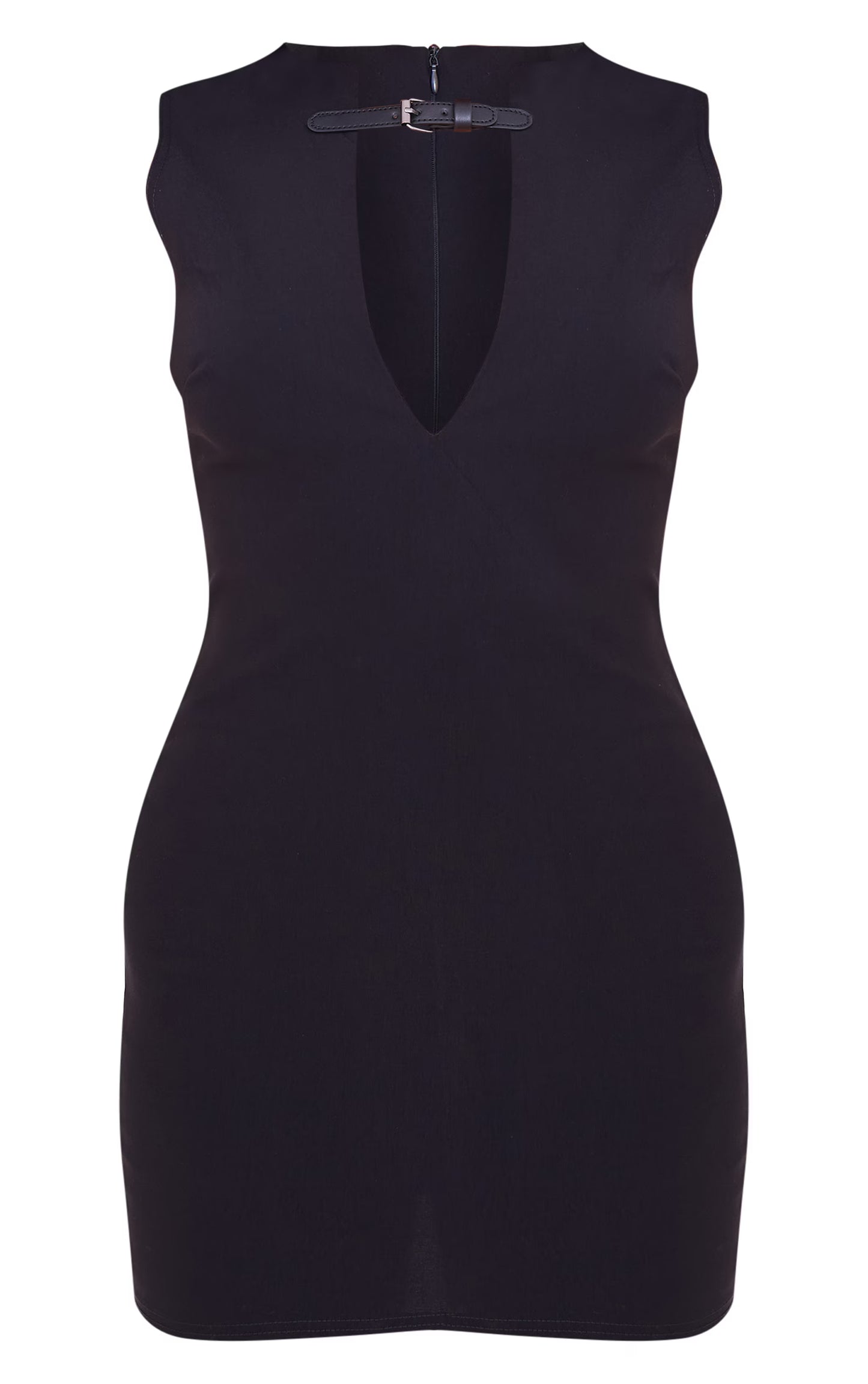 Black Stretch Woven Keyhole Belted Bodycon Dress
