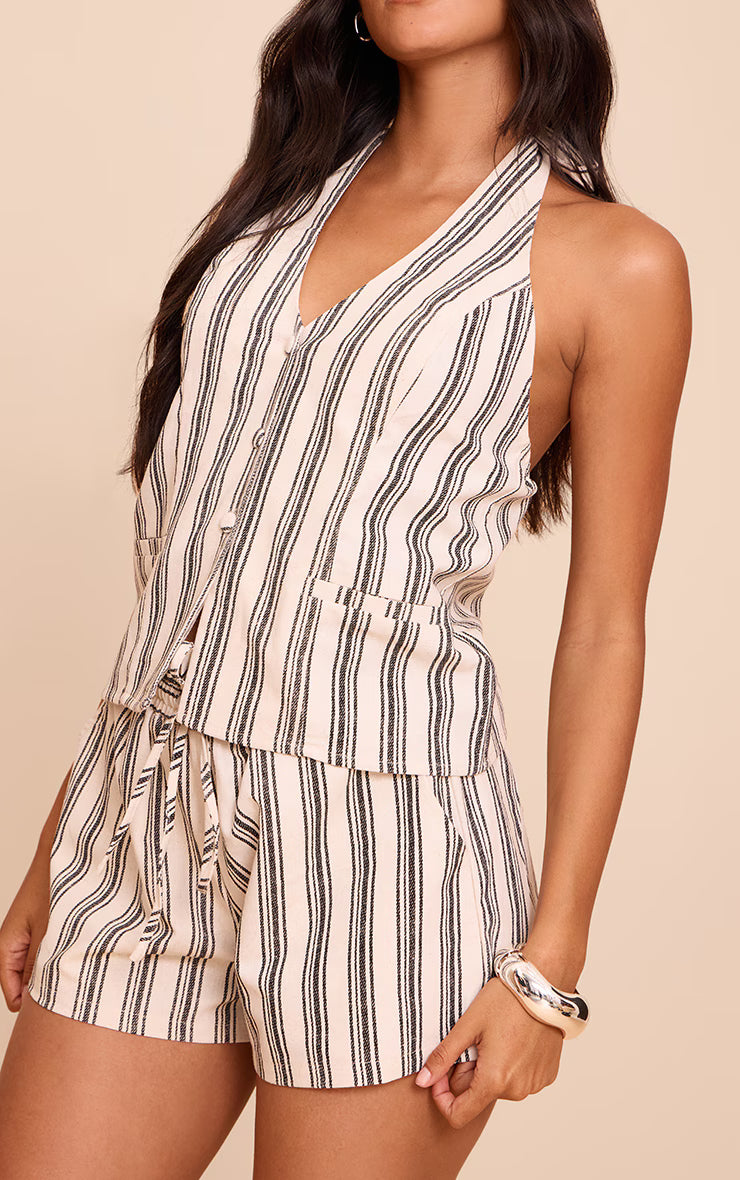 Natural Textured Stripe Halter Tie Back Vest