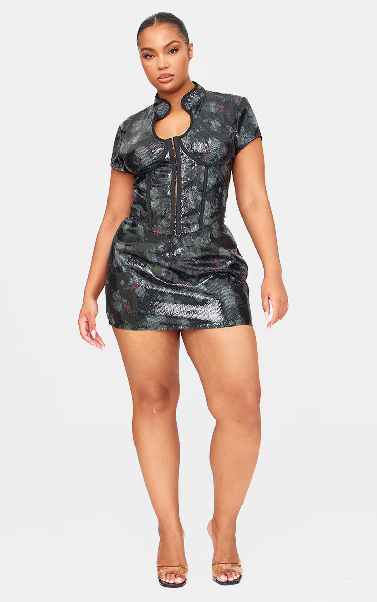Black Printed Sequin Micro Mini Skirt