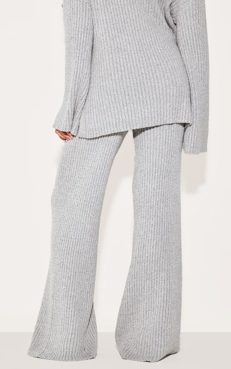 Ash Grey Rib Boucle Knit Wide Leg Pants