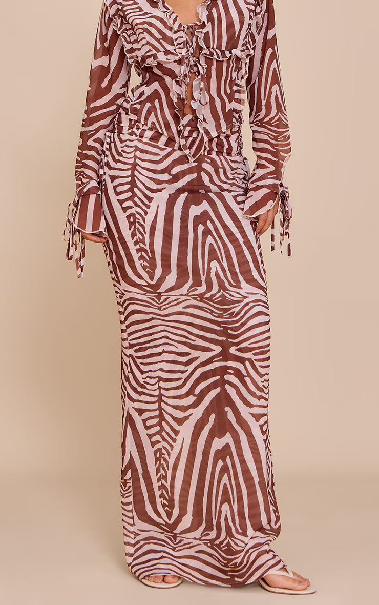 Brown Zebra Print Ruched Chiffon Maxi Skirt