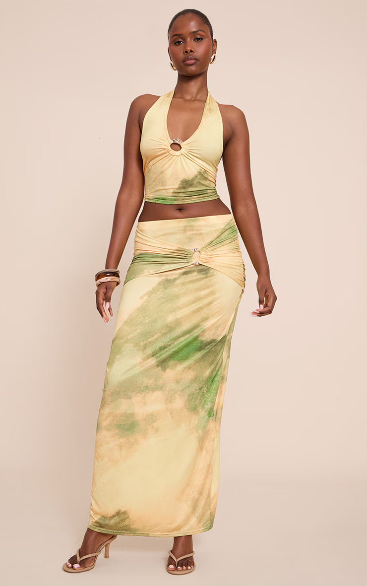 Green Abstract Print Gold Front Ring Detail Halterneck Top