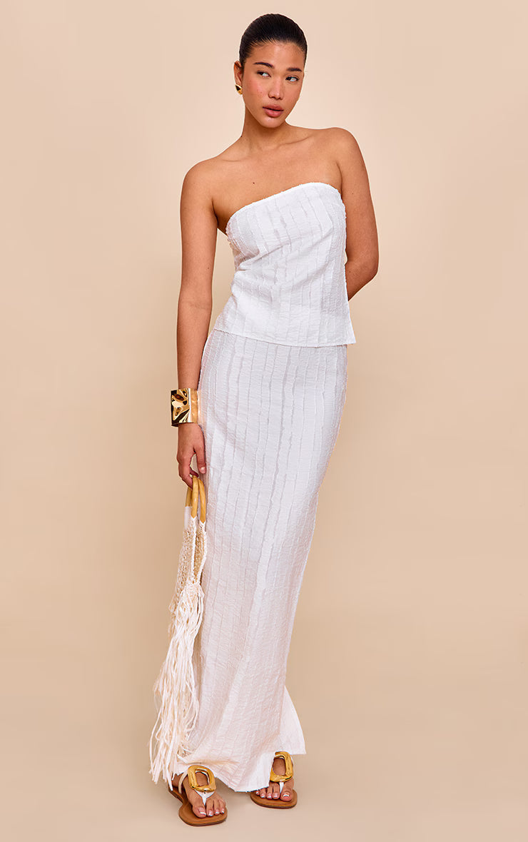 White Textured Frayed Bandeau Top