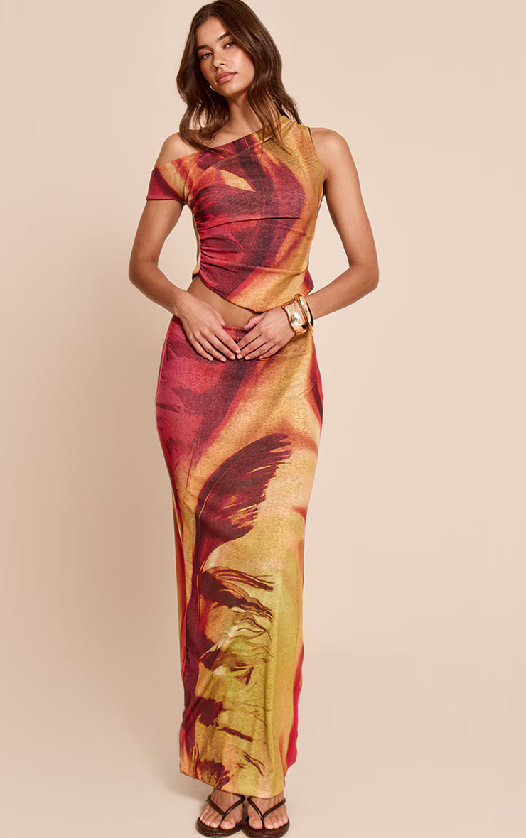 Multi Feather Print Onion Skin Low Rise Maxi Skirt