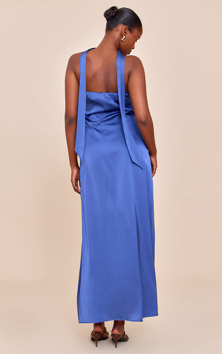Navy Satin Bandeau Scarf Detail Maxi Dress