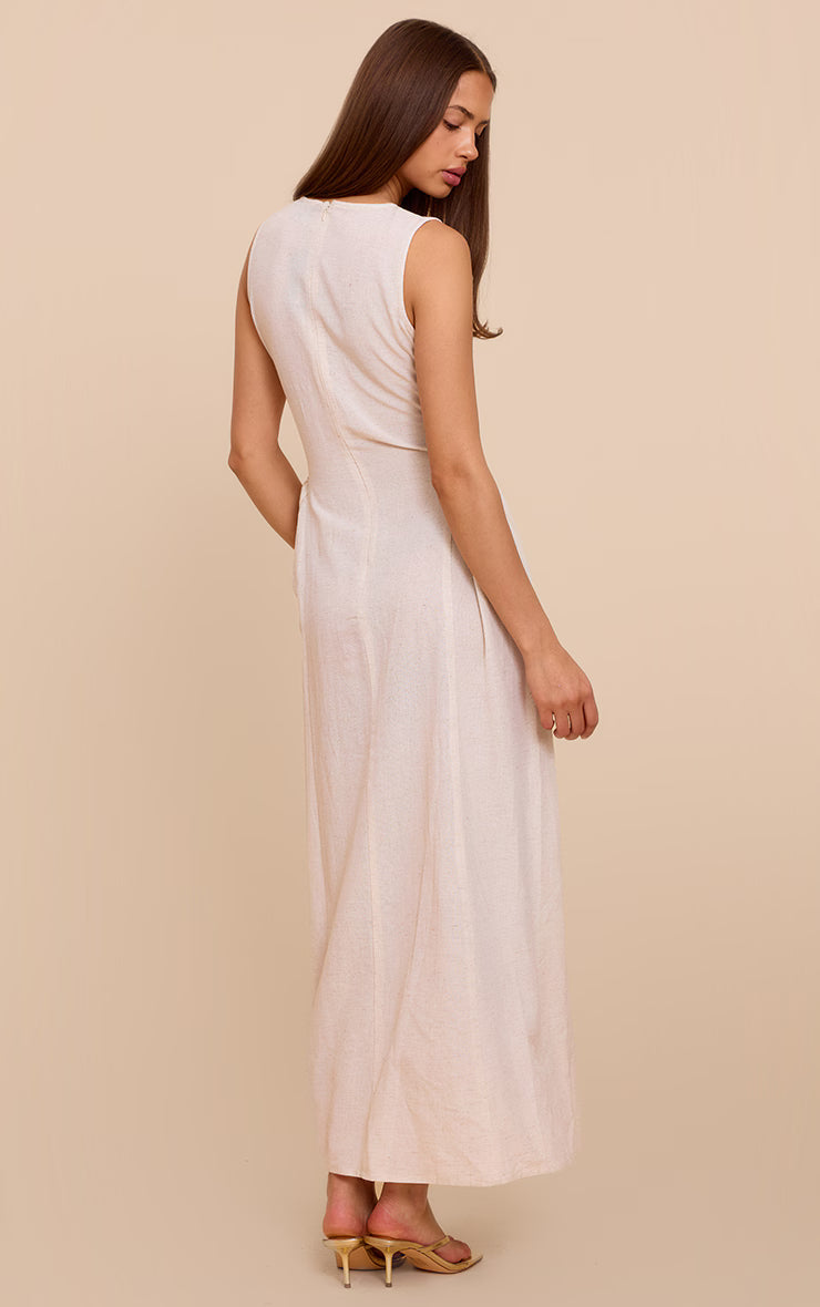 Almond Linen Look Textured Button Detail Sleeveless Maxi Dress