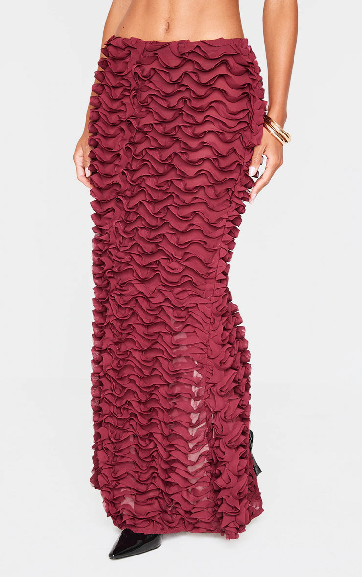 Burgundy Chiffon Ruffle Low Rise Maxi Skirt