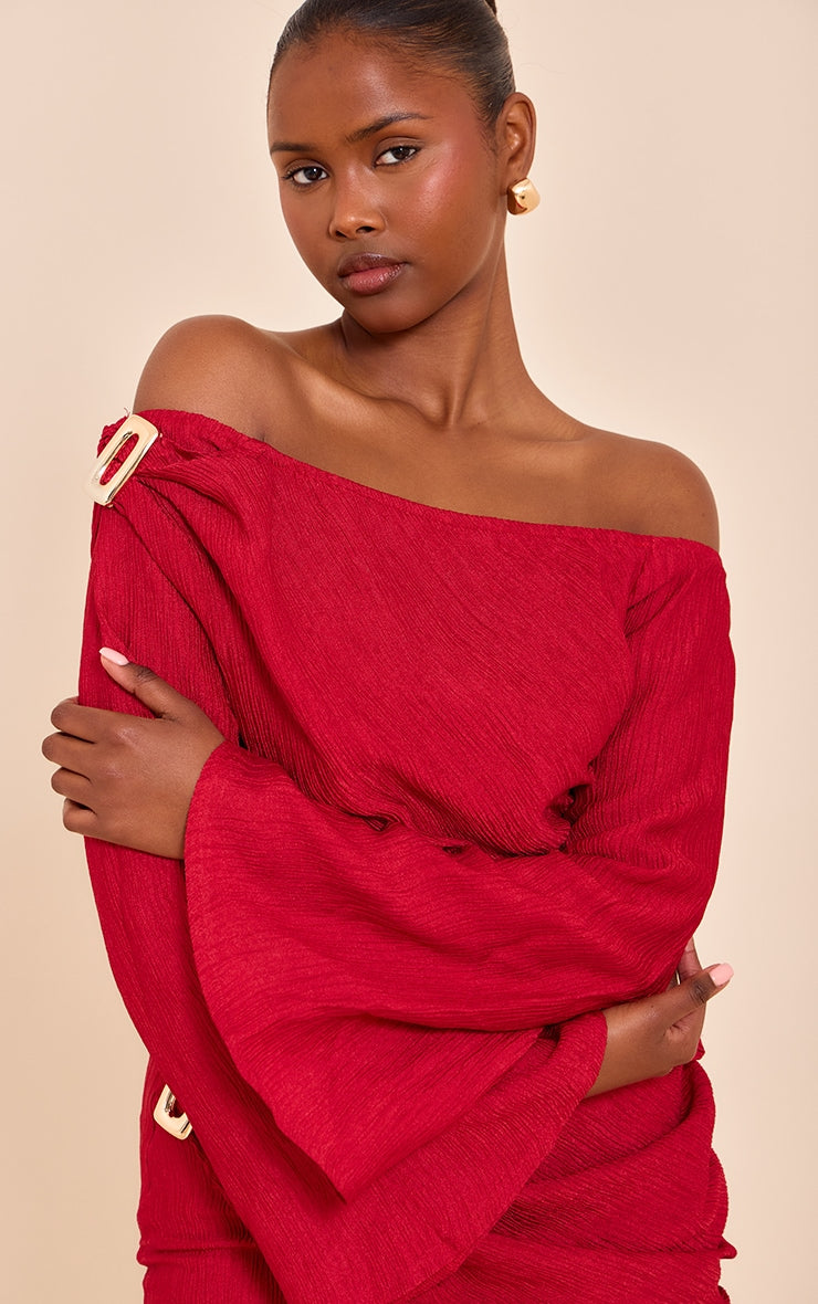 Tomato Red Textured Gold Detail Bardot Long Sleeve Top