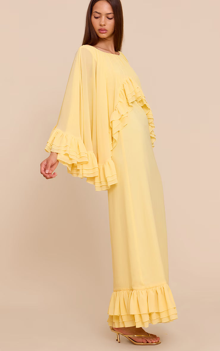 Lemon Chiffon Extreme Overlay Frill Detail Maxi Dress