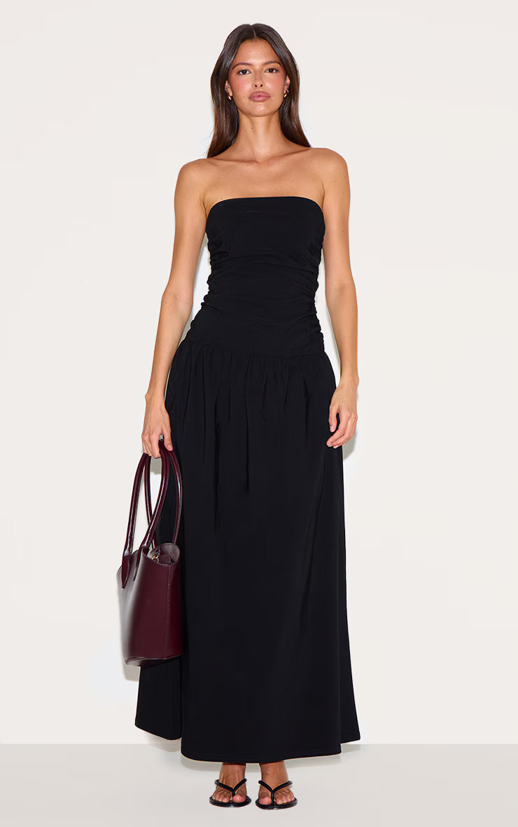 Black Stretch Woven Bandeau Ruched Maxi Dress