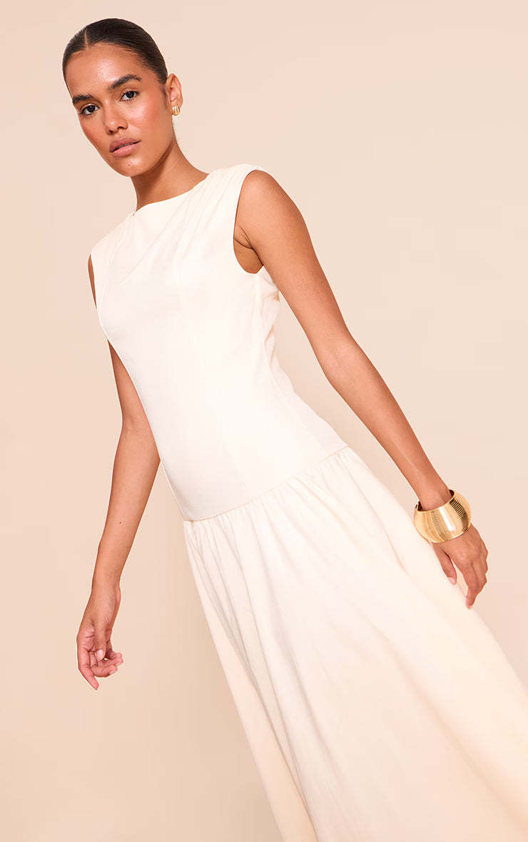 Cream Woven Boat Neck Dropped Waist Maxi Dress