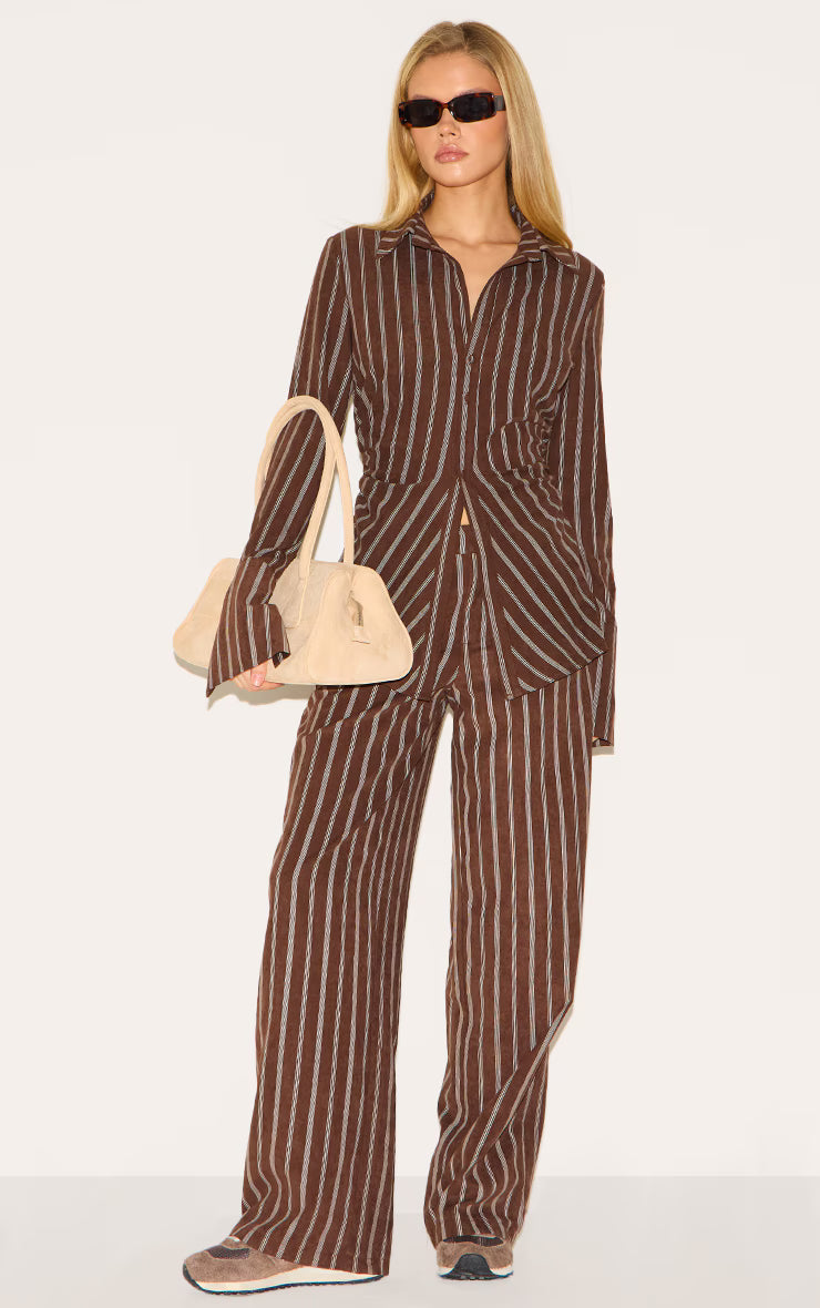 Brown Striped Asymmetric Cinched Deep Cuff Shirt