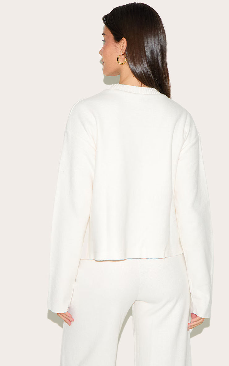 Cream Soft Ribbed Straight Leg Pants
