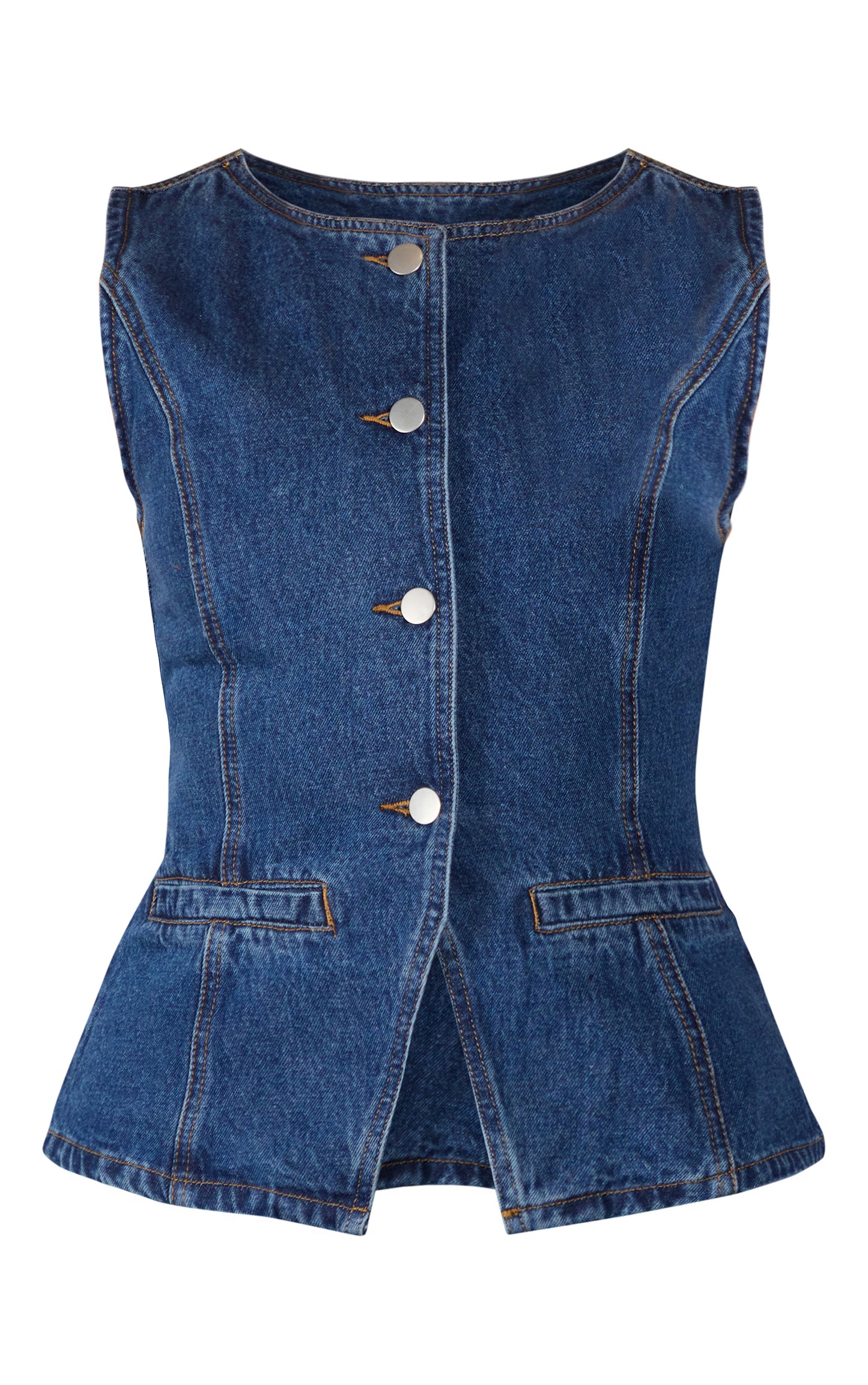 Dark Blue Round Neck Longline Denim Vest