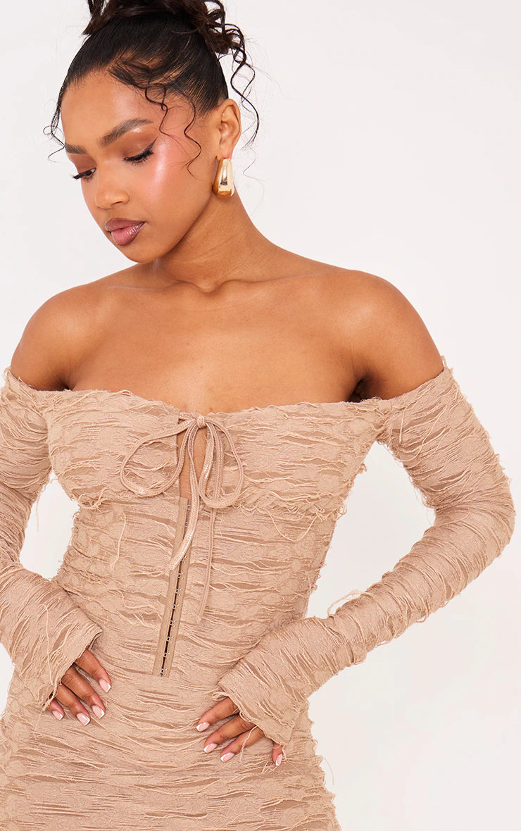 Beige Textured Bardot Long Sleeve Cup Detail Tie Front Mini Dress