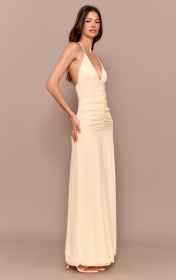 Cream Ruched Detail Strappy Maxi Dress