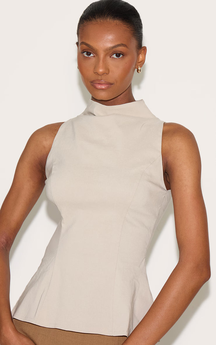 Stone Bengaline High Neck Waist Detail Long Top