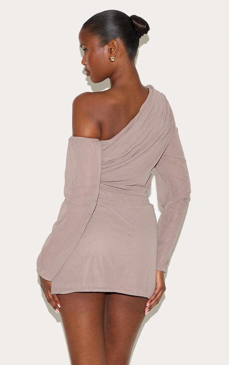 Mushroom Chiffon Asymmetric Ruched Shift Dress