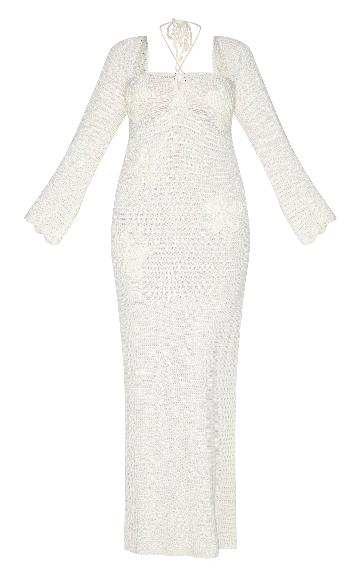 Plus Ecru Flower Applique Long Sleeve Crochet Maxi Dress