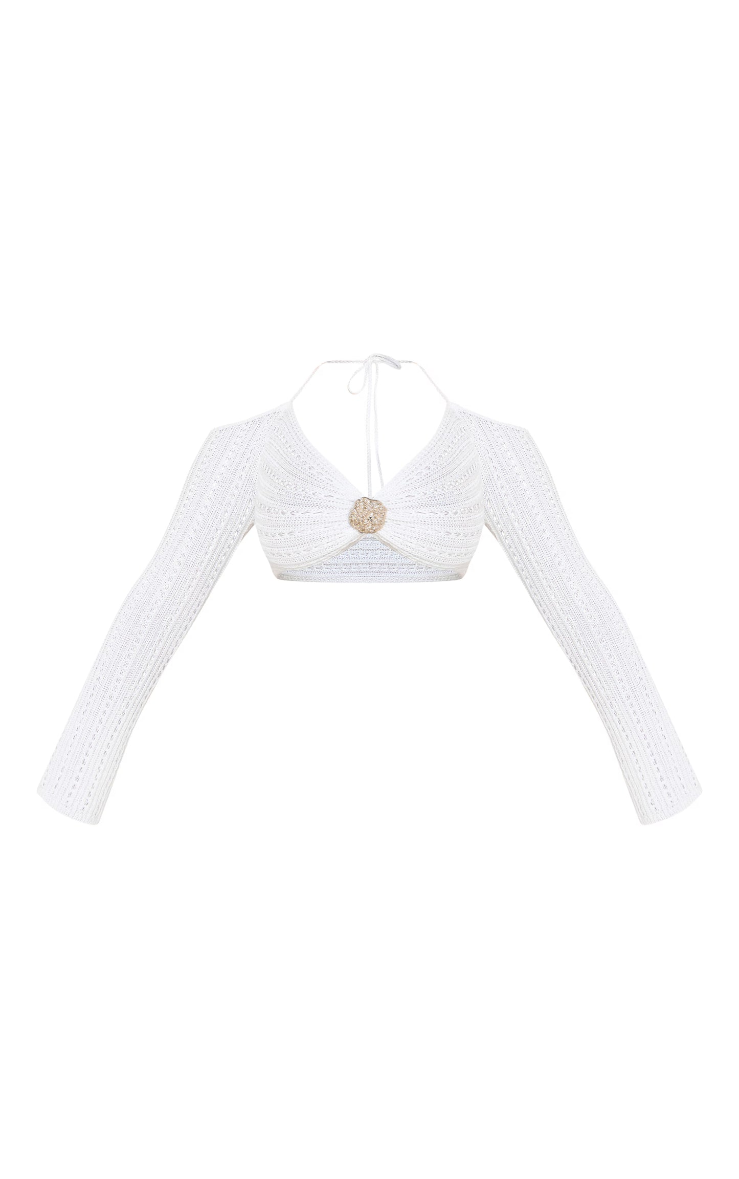Shape White Crochet Gold Hammered Trim Halterneck Crop Top