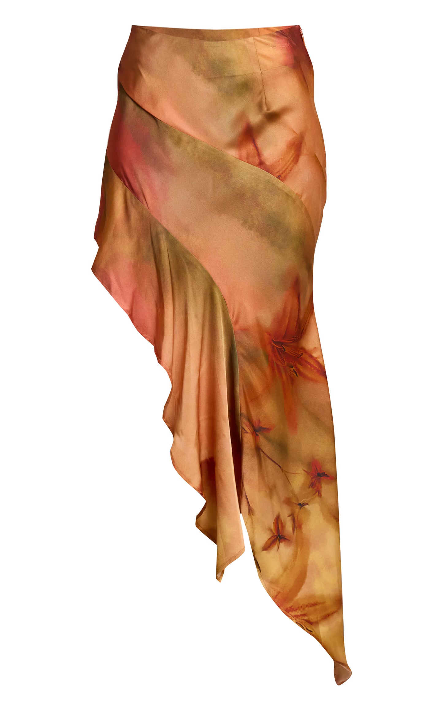Burnt Orange Printed Satin Asymmetric Ruffle Midi Skirt