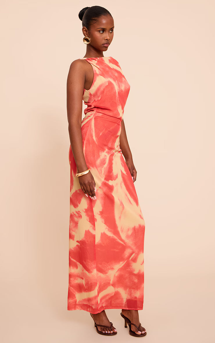 Pink Abstract Printed Chiffon Ruched Maxi Dress