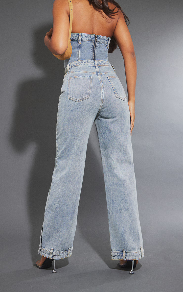 Mid Blue Wash Waistband Detail Hem Straight Leg Jeans