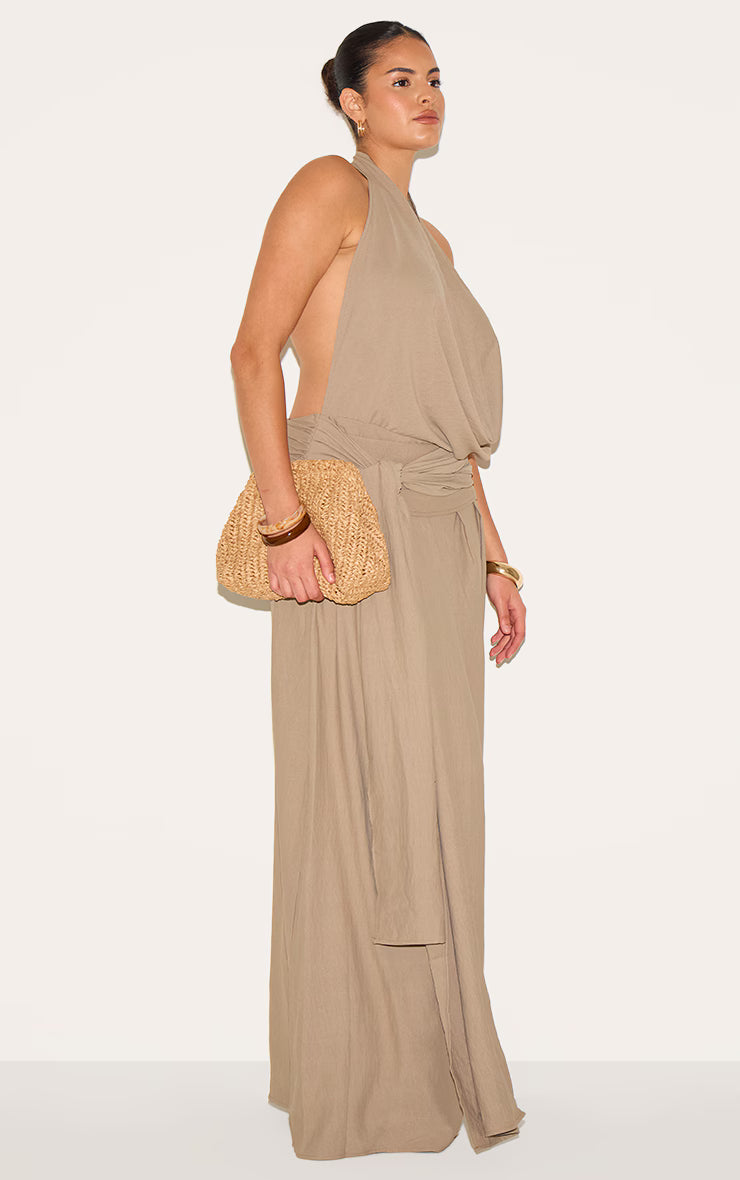 Plus Mushroom Floaty Woven Cowl Neck Low Back Maxi Dress