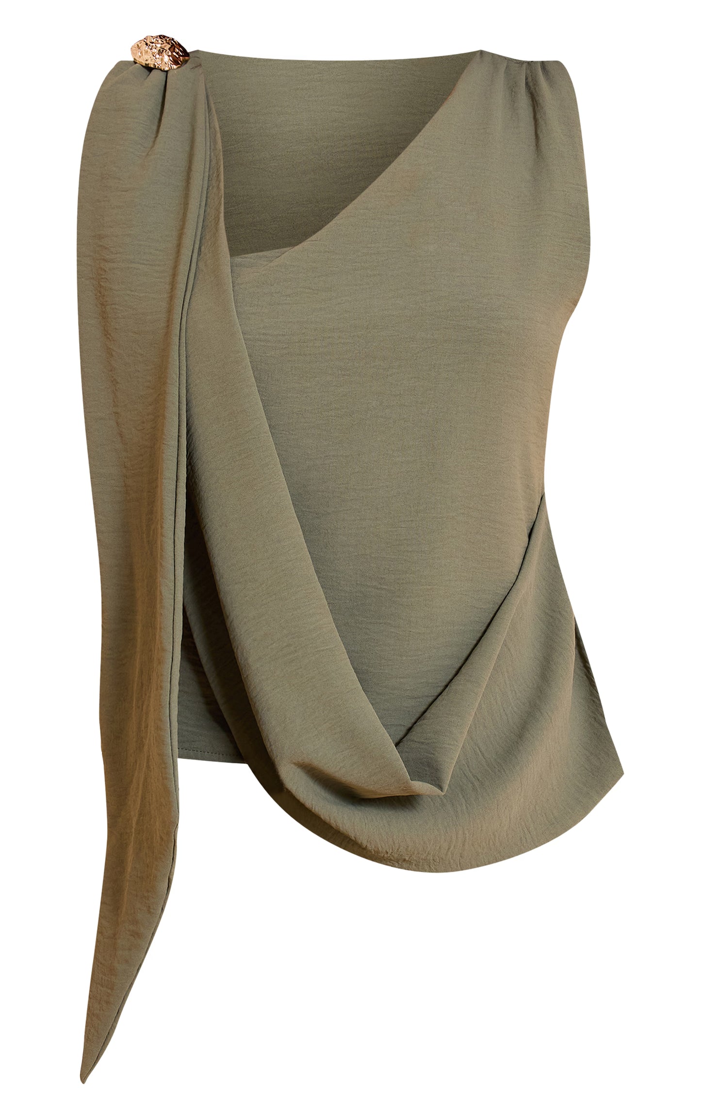 Olive Textured Cowl Neck Drape Detail Top