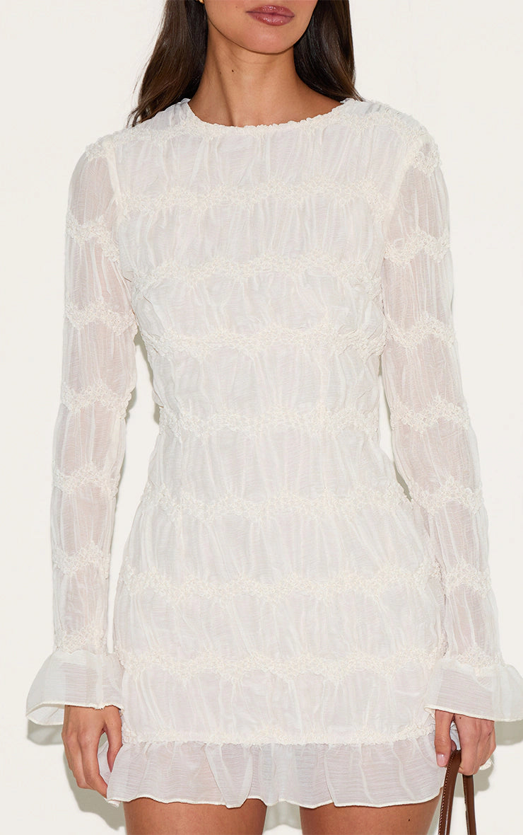 Almond Textured Long Sleeve Boat Neck Mini Dress