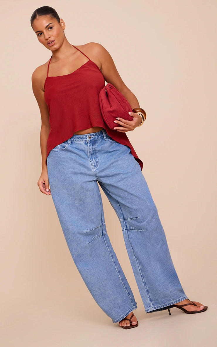 Plus Deep Red Floaty Woven Split Hem Spaghetti Strap Top